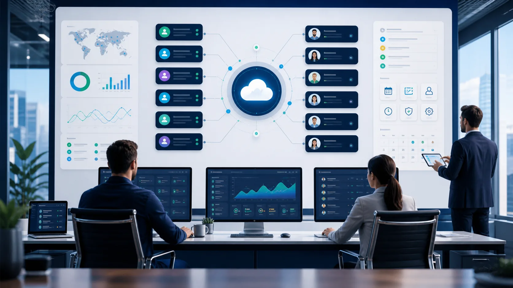 Cloud control workspace connecting accounts, operators, and daily tasks