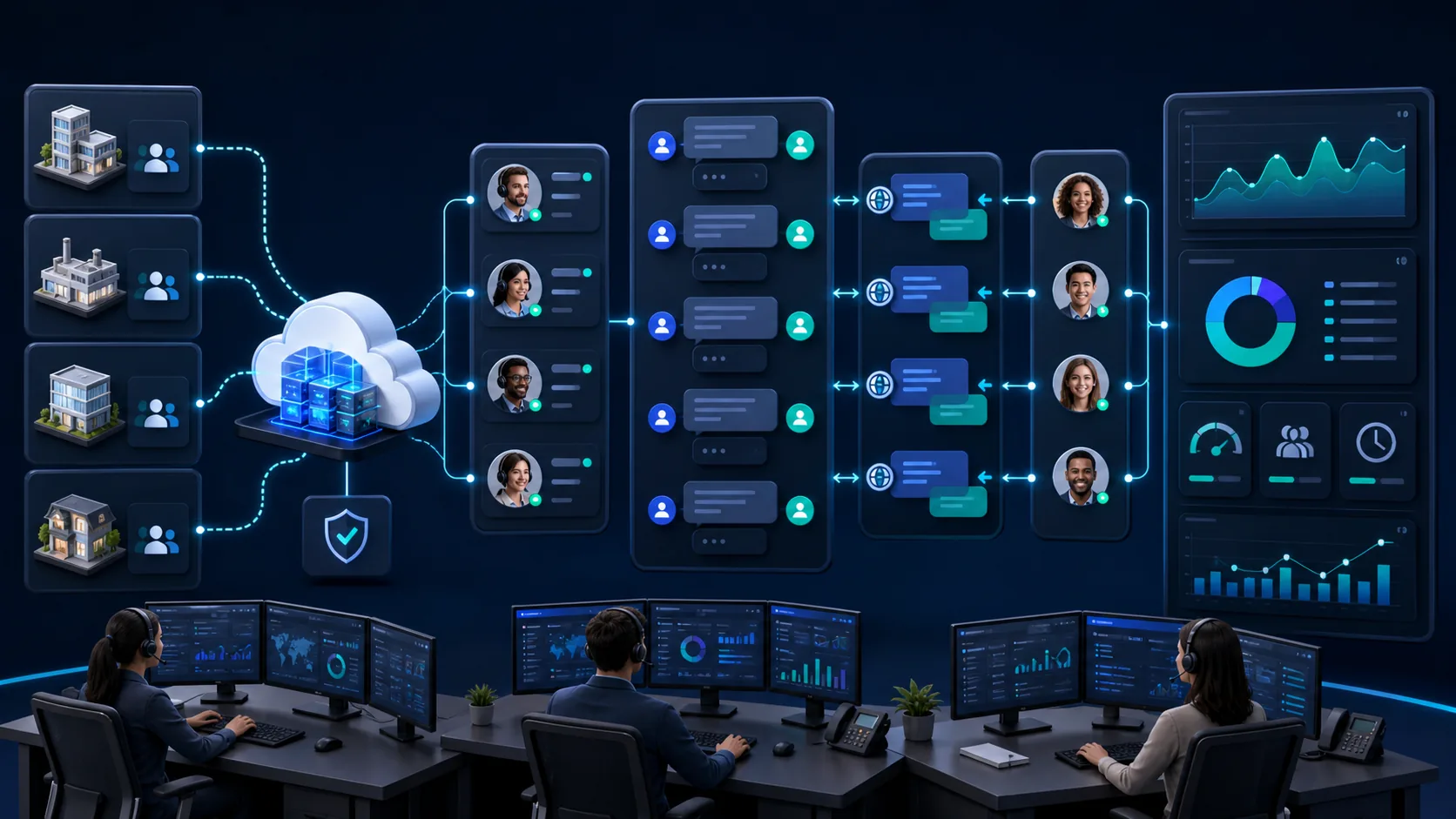 A connected GoCloud operating blueprint from account groups through operators, conversations, translation, and reporting